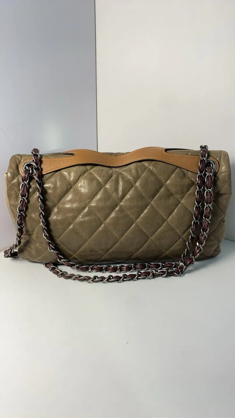 Chanel Airport Crossbody Bag with Handle, Khaki Quilted Leather