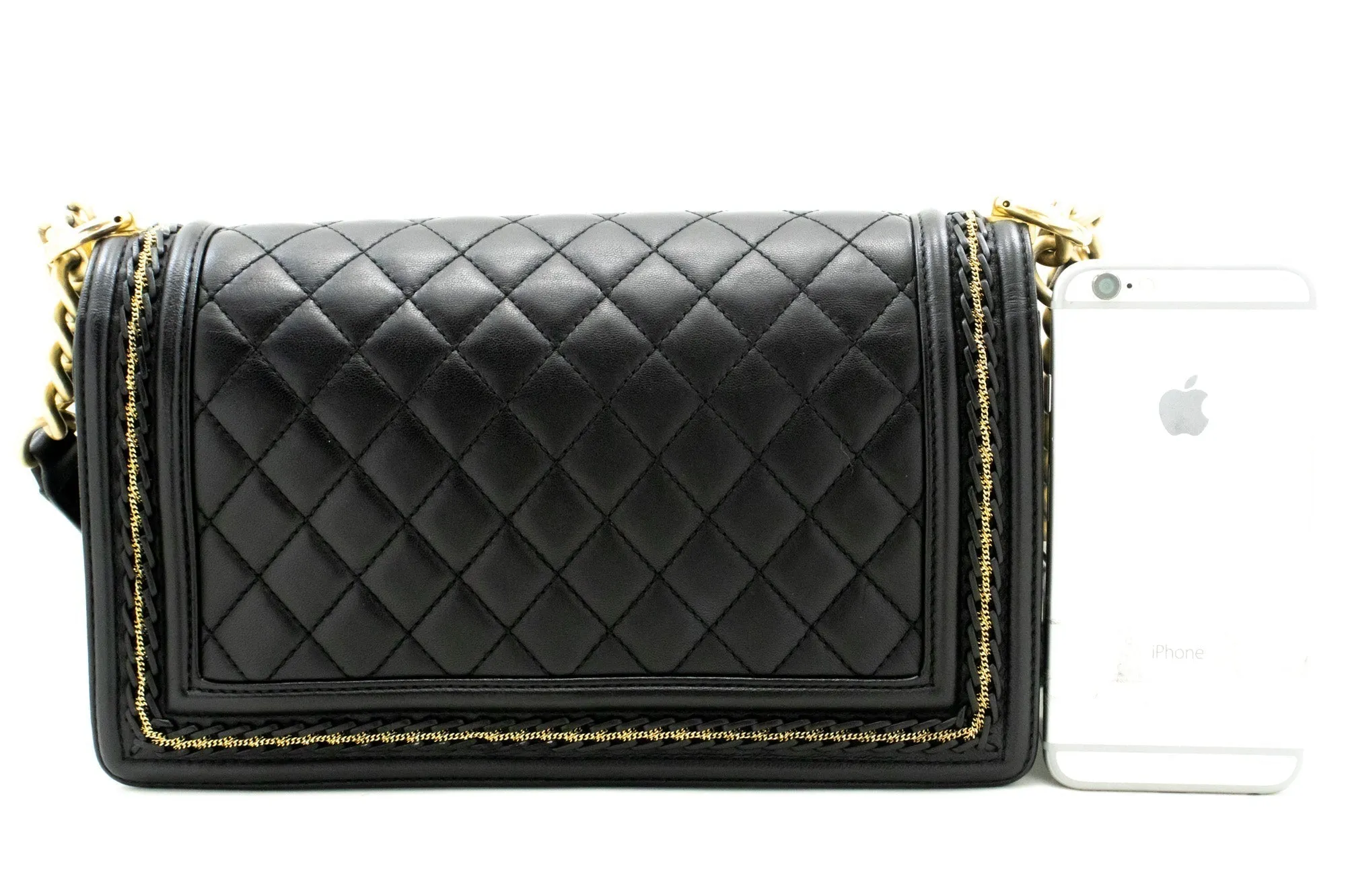 CHANEL Boy Chain Shoulder Bag Black Quilted Flap Lambskin Leather