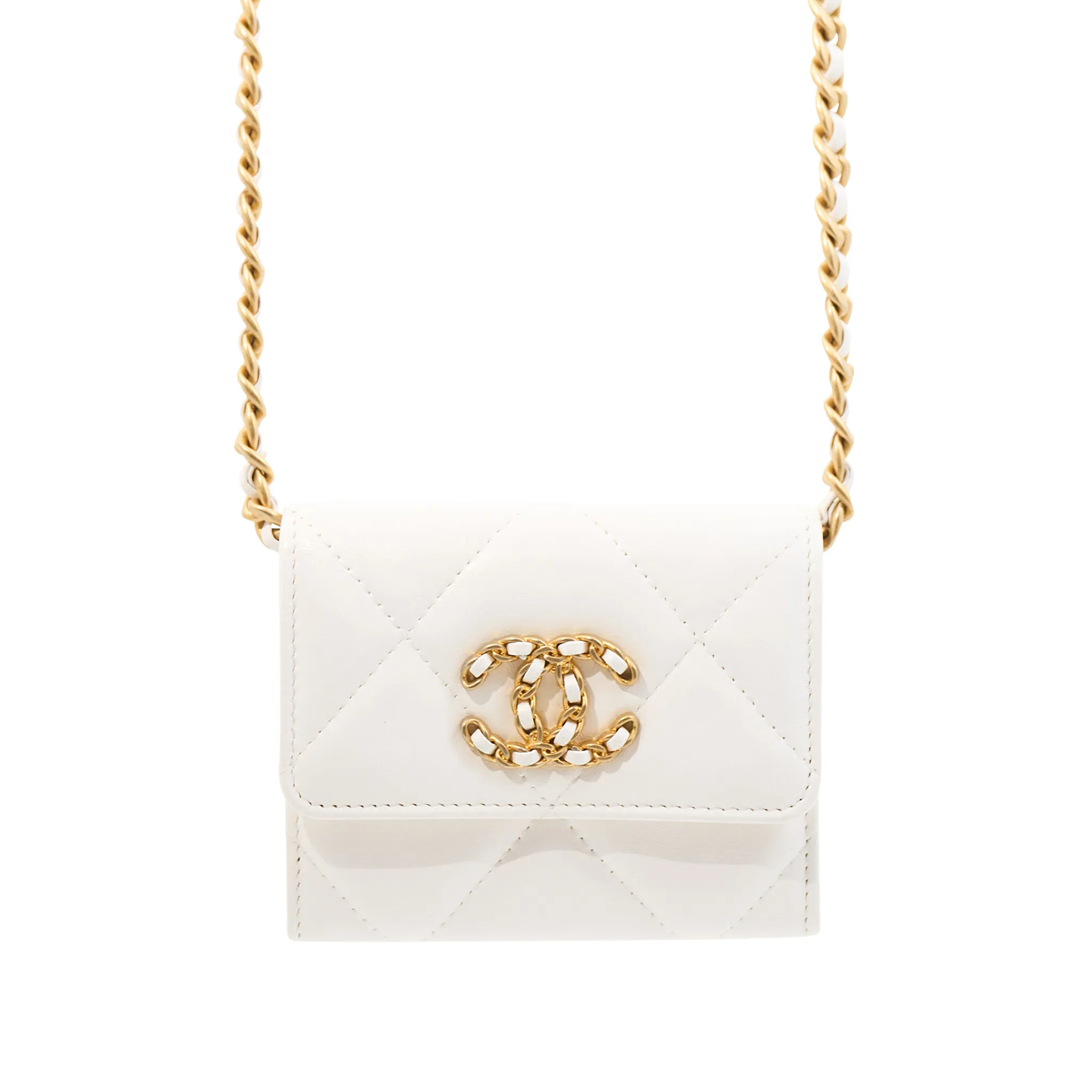 Chanel Lambskin Quilted Card Wallet on Chain in White GHW