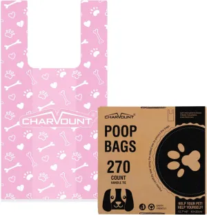 Charmount 270 Counts Unscented Dog Poop Bags Rolls with Handles, 16"x8"Extra Thick Pet Waste Bag, Leak Proof and Easy Tie, Cat Litter Bags, Pink