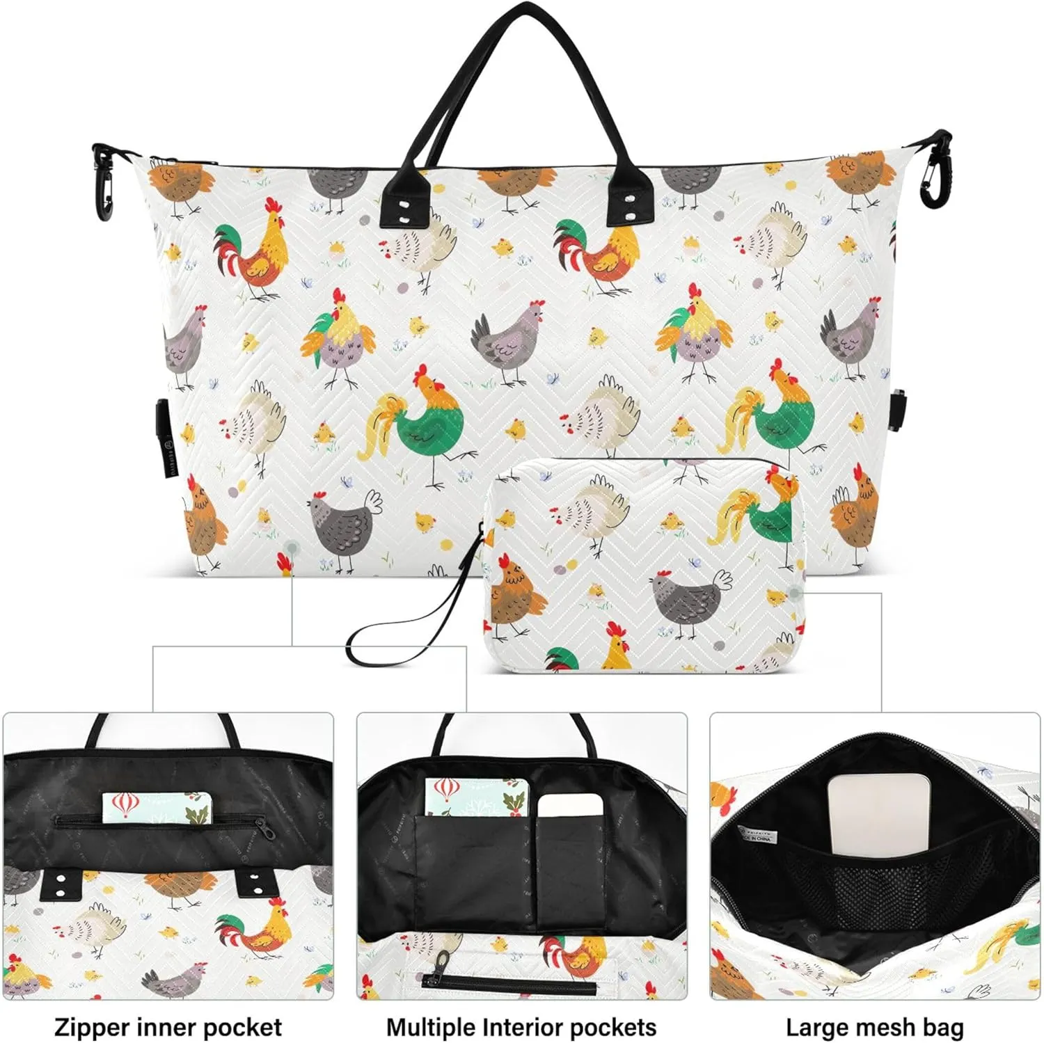 Chicken Farm Birds Animal Duffle Bag Travel Toiletry Bag Set, Colorful Women Sports Bags Weekender Bags
