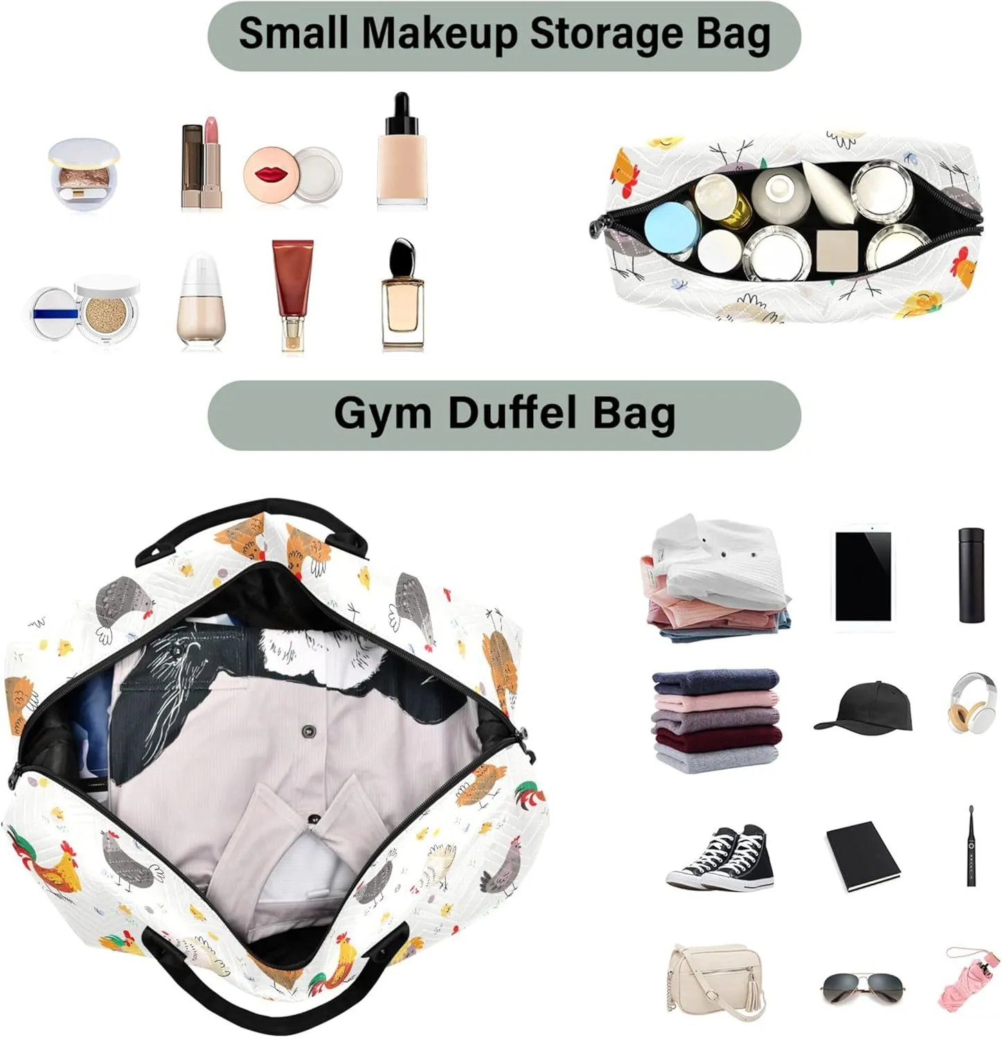 Chicken Farm Birds Animal Duffle Bag Travel Toiletry Bag Set, Colorful Women Sports Bags Weekender Bags
