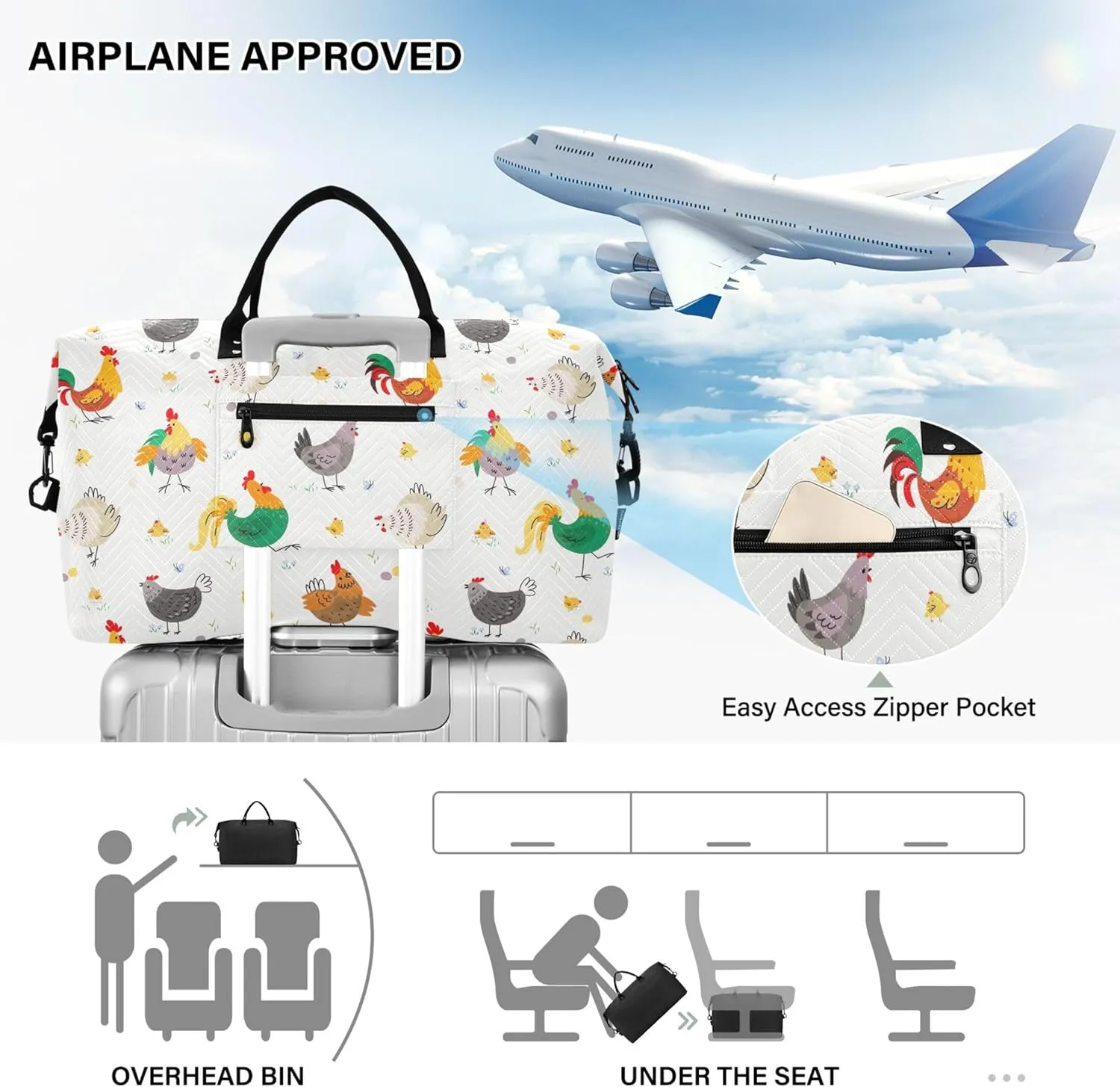Chicken Farm Birds Animal Duffle Bag Travel Toiletry Bag Set, Colorful Women Sports Bags Weekender Bags