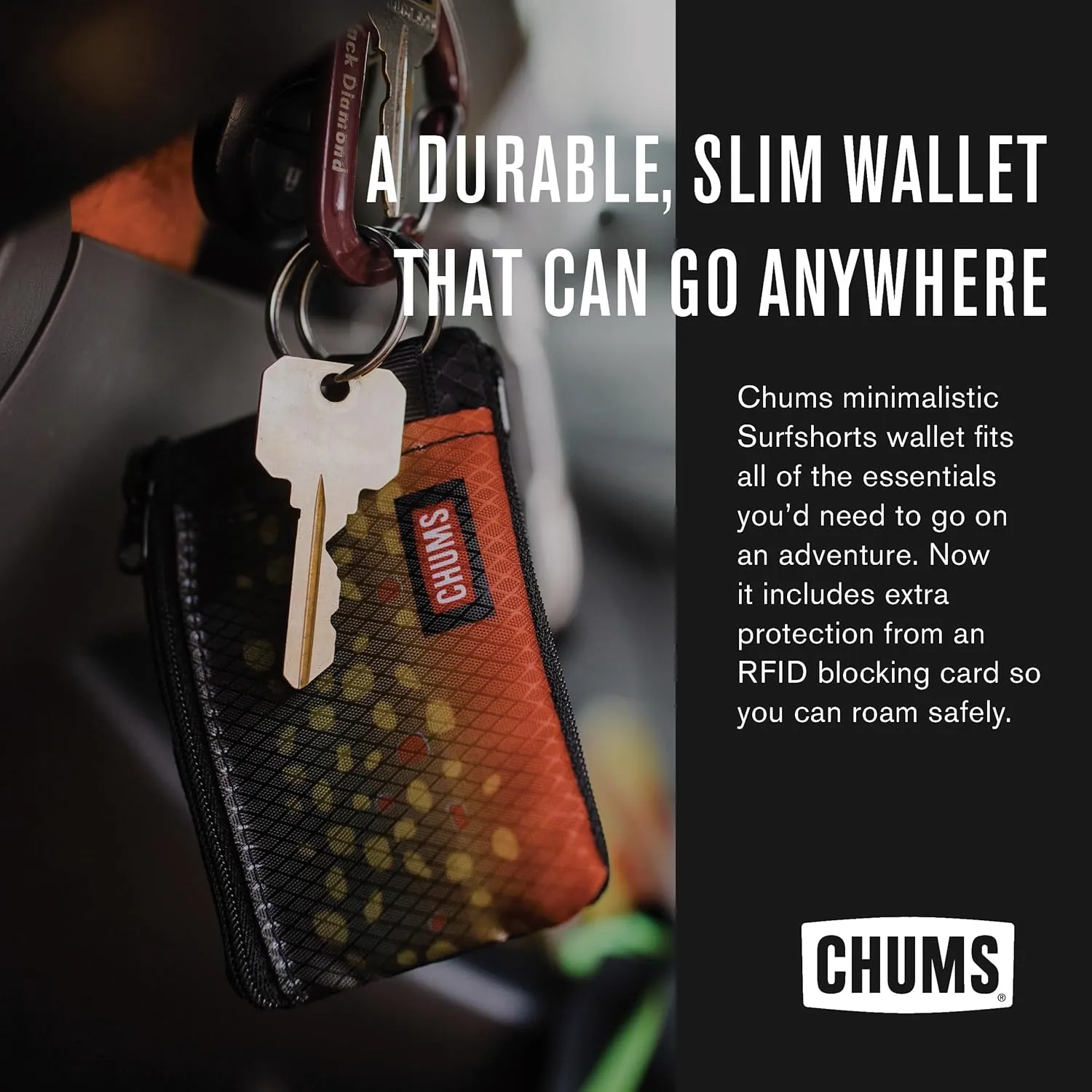Chums Surfshorts Wallet - Lightweight Slim Wallet with RFID Blocking Card & Clear ID Window - Zippered, Water Resistant w/Key Ring - Tie Dye