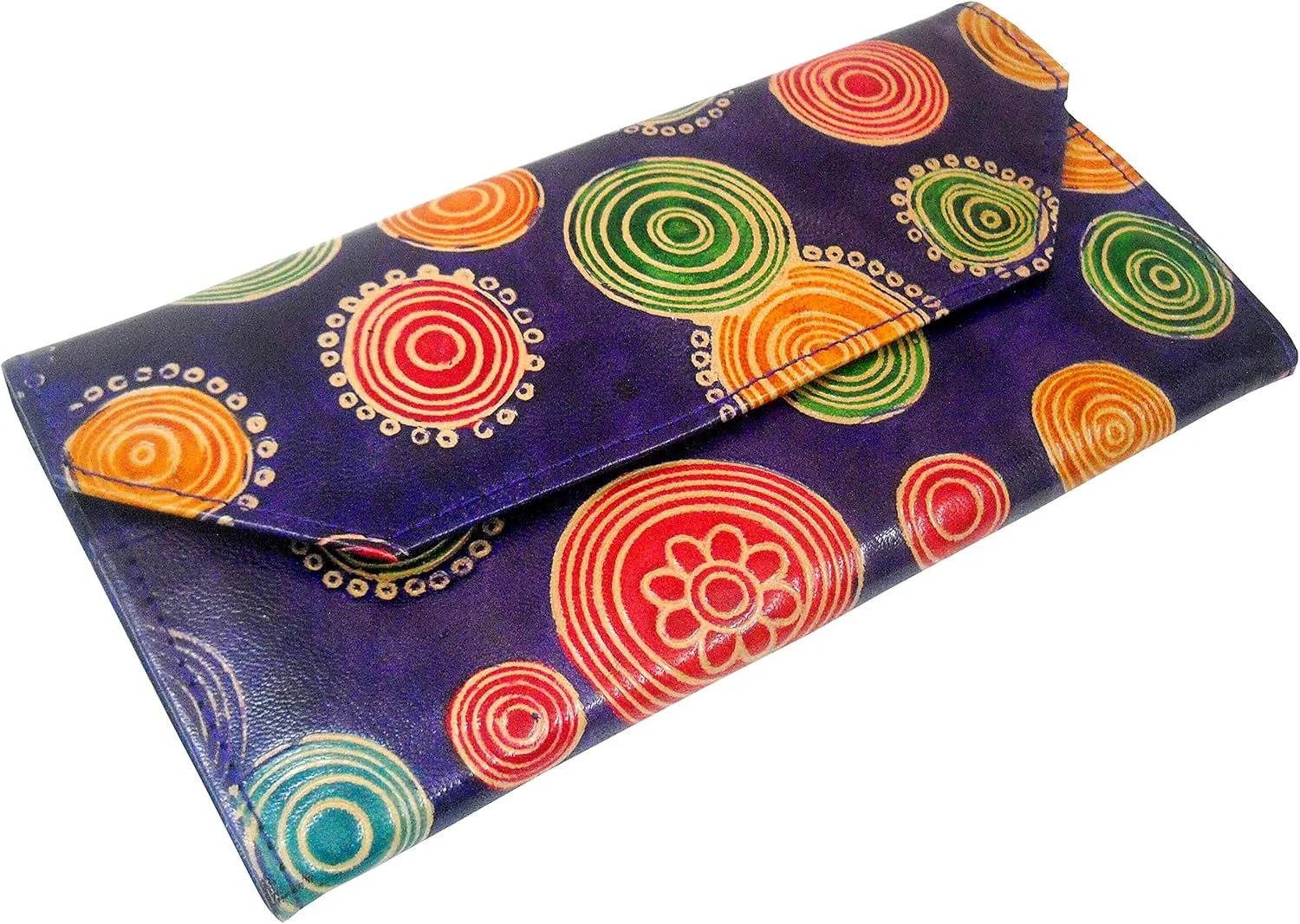 Circles Design Genuine 100% Pure leather Embossed Handmade Colorful Shantiniketan Hand Purse in Blue