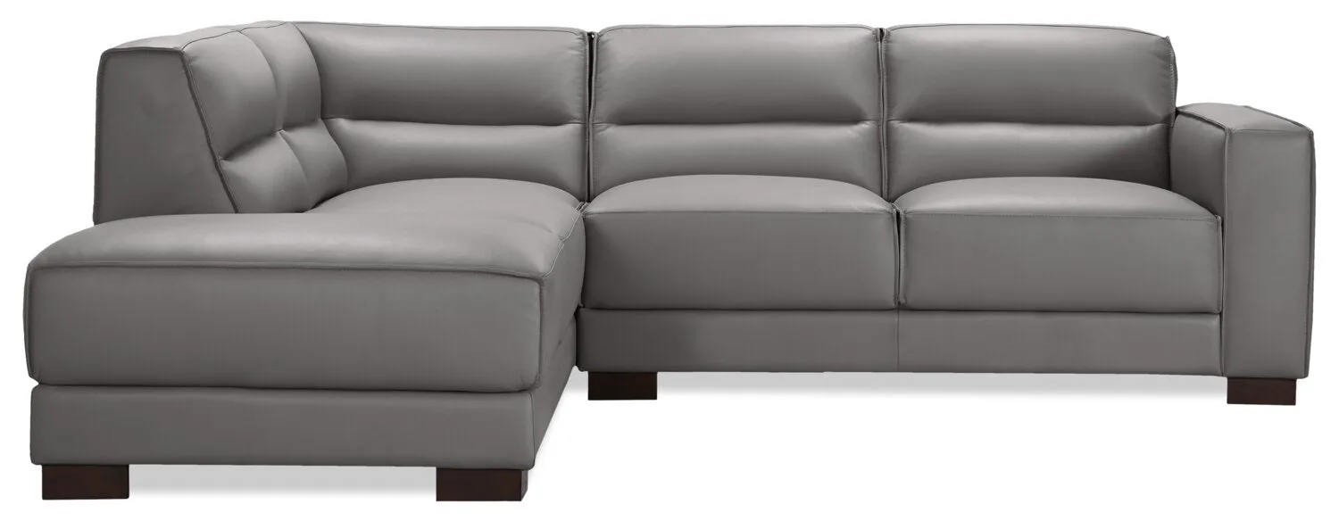 Citadel 2-Piece Left-Facing Top-Grain Genuine Leather Sectional with Wood Legs - Grey | Sofa sectionnel de gauche Citadel 2 pièces en cuir véritable de qualité supérieure avec pattes en bois - gris