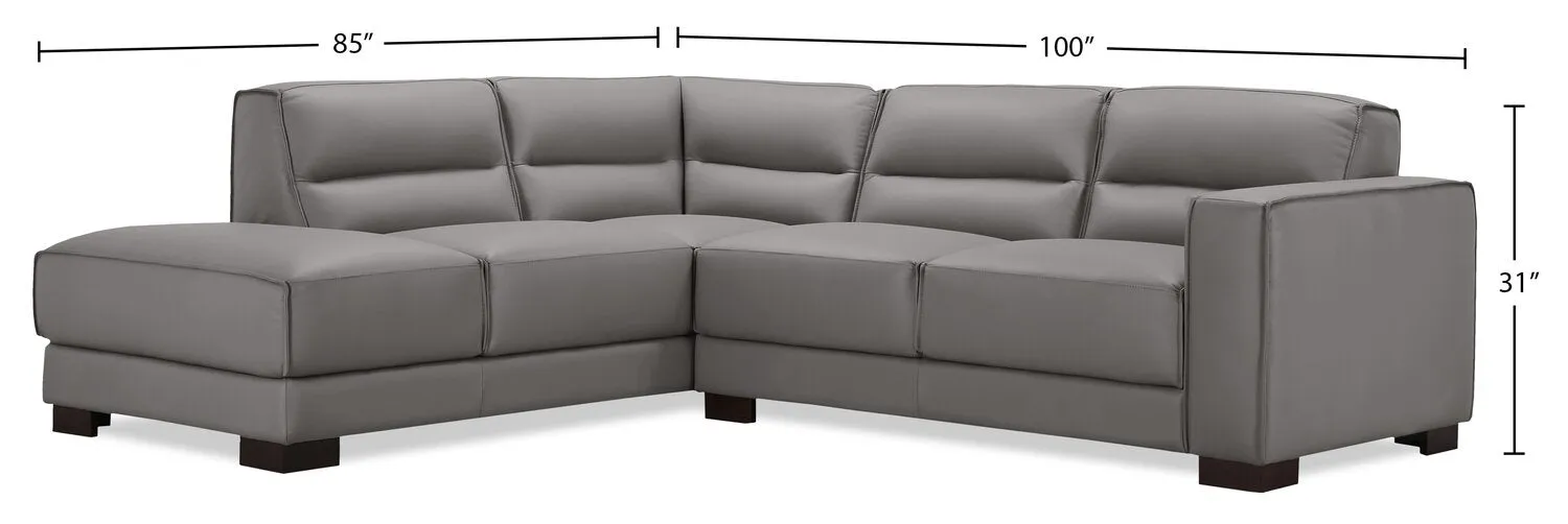 Citadel 2-Piece Left-Facing Top-Grain Genuine Leather Sectional with Wood Legs - Grey | Sofa sectionnel de gauche Citadel 2 pièces en cuir véritable de qualité supérieure avec pattes en bois - gris