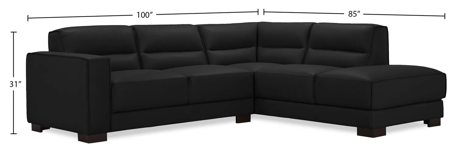 Citadel 2-Piece Right-Facing Top-Grain Genuine Leather Sectional with Wood Legs - Black | Sofa sectionnel de droite Citadel 2 pièces en cuir véritable de qualité supérieure avec pattes en bois - noir