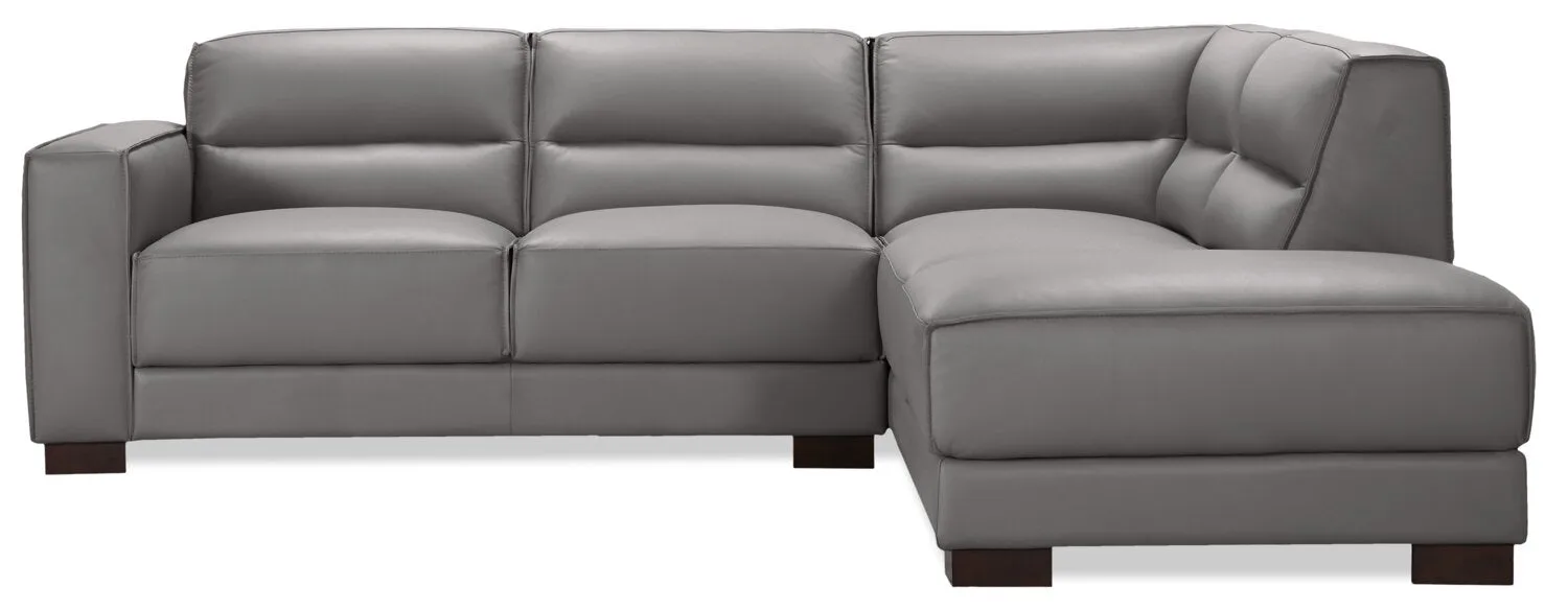 Citadel 2-Piece Right-Facing Top-Grain Genuine Leather Sectional with Wood Legs - Grey | Sofa sectionnel de droite Citadel 2 pièces en cuir véritable de qualité supérieure avec pattes en bois - gris