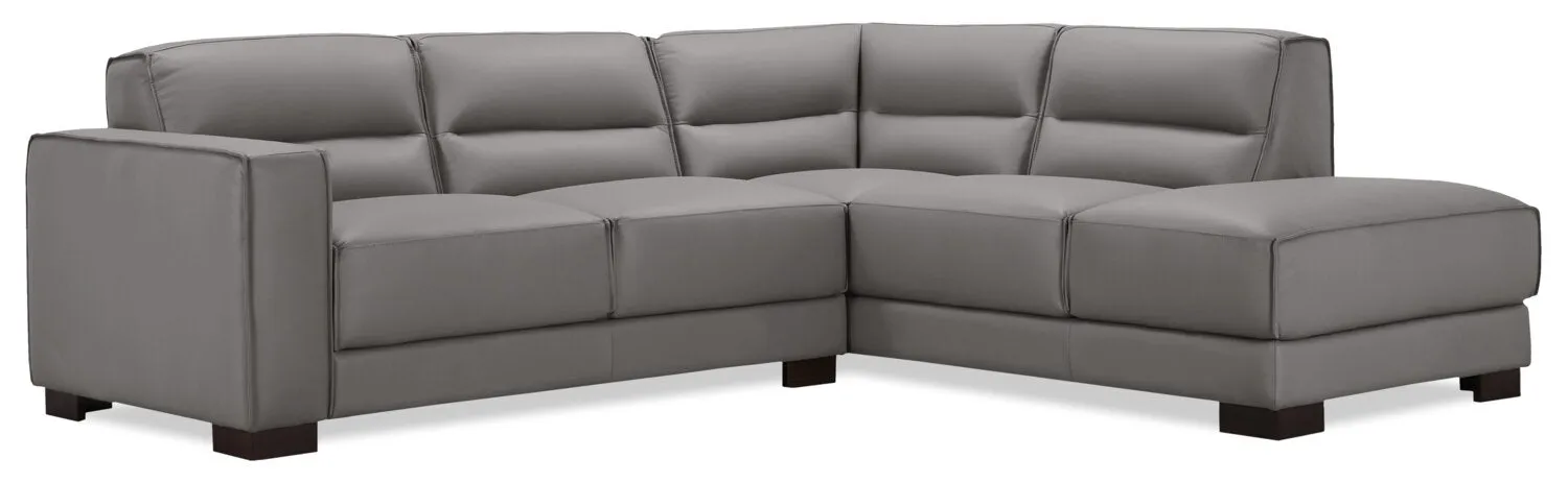 Citadel 2-Piece Right-Facing Top-Grain Genuine Leather Sectional with Wood Legs - Grey | Sofa sectionnel de droite Citadel 2 pièces en cuir véritable de qualité supérieure avec pattes en bois - gris
