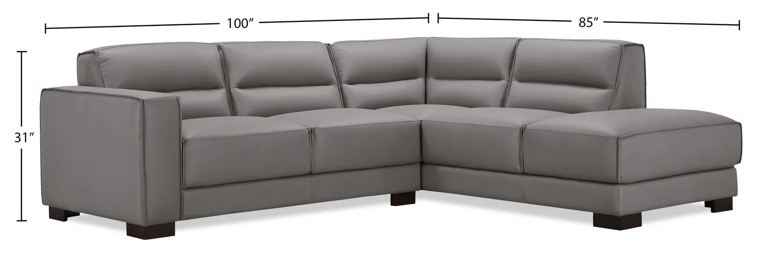 Citadel 2-Piece Right-Facing Top-Grain Genuine Leather Sectional with Wood Legs - Grey | Sofa sectionnel de droite Citadel 2 pièces en cuir véritable de qualité supérieure avec pattes en bois - gris