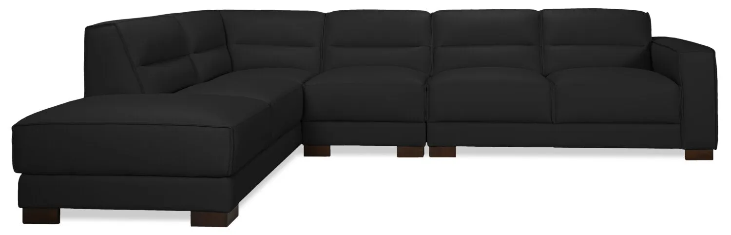 Citadel 3-Piece Left-Facing Top-Grain Genuine Leather Sectional with Wood Legs - Black | Sofa sectionnel de gauche Citadel 3 pièces en cuir véritable de qualité supérieure avec pattes en bois - noir