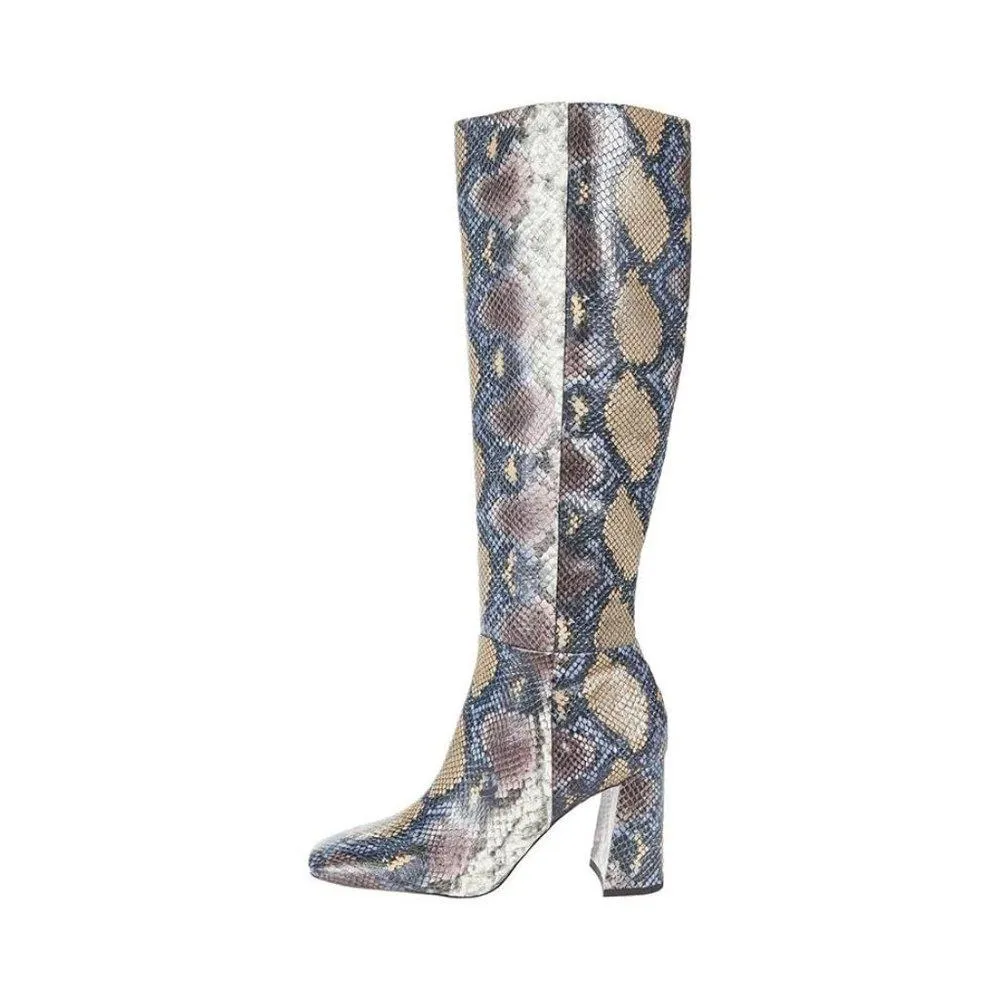 Clarem Smokey Blue Snake Heeled Knee High Boot