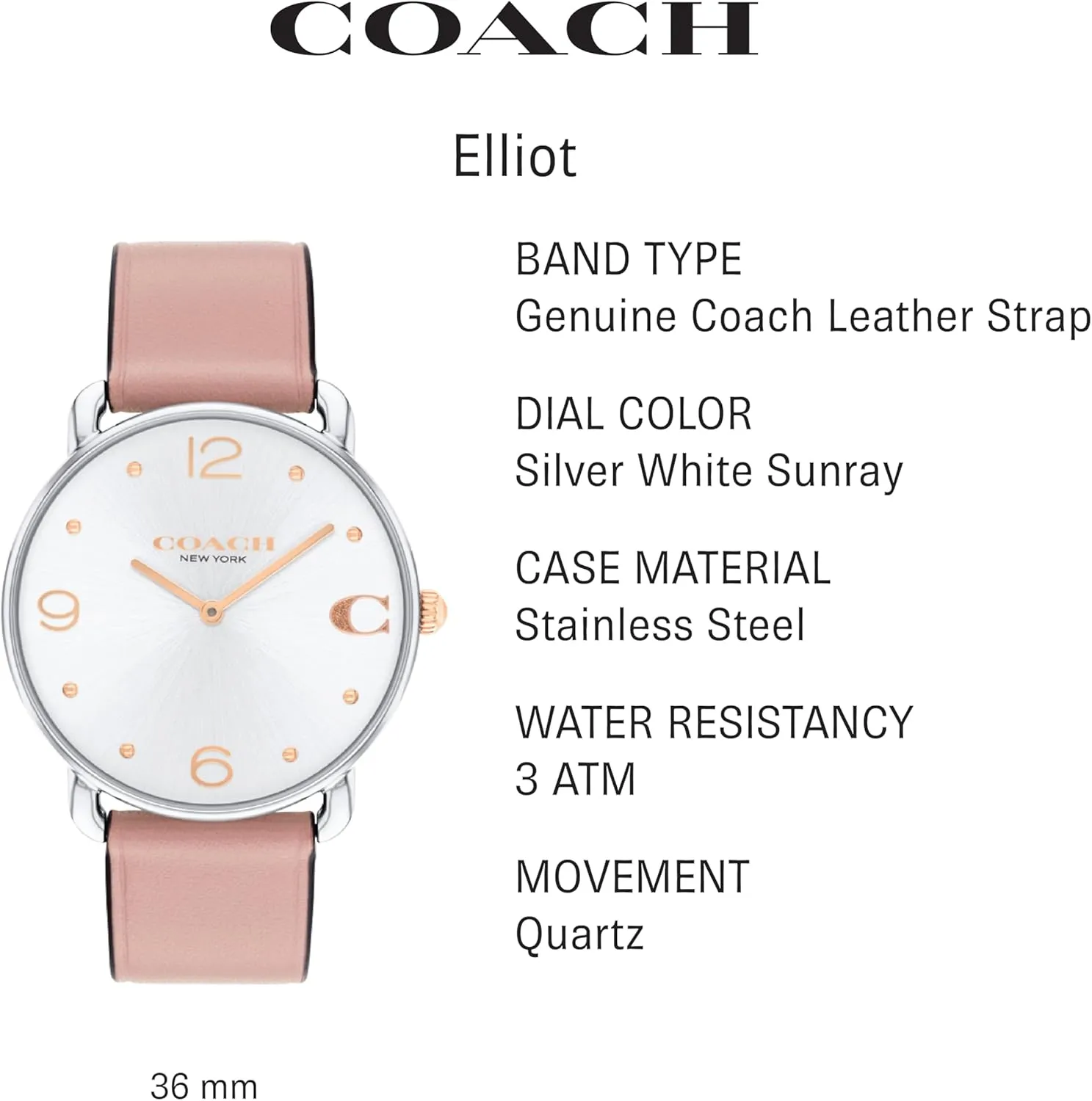 Coach Elliot Women's Watch | Sleek and Minimalist in Design | Timeless Style for Any Occasion | Gifts for Her | Water-Resistant | 36 mm