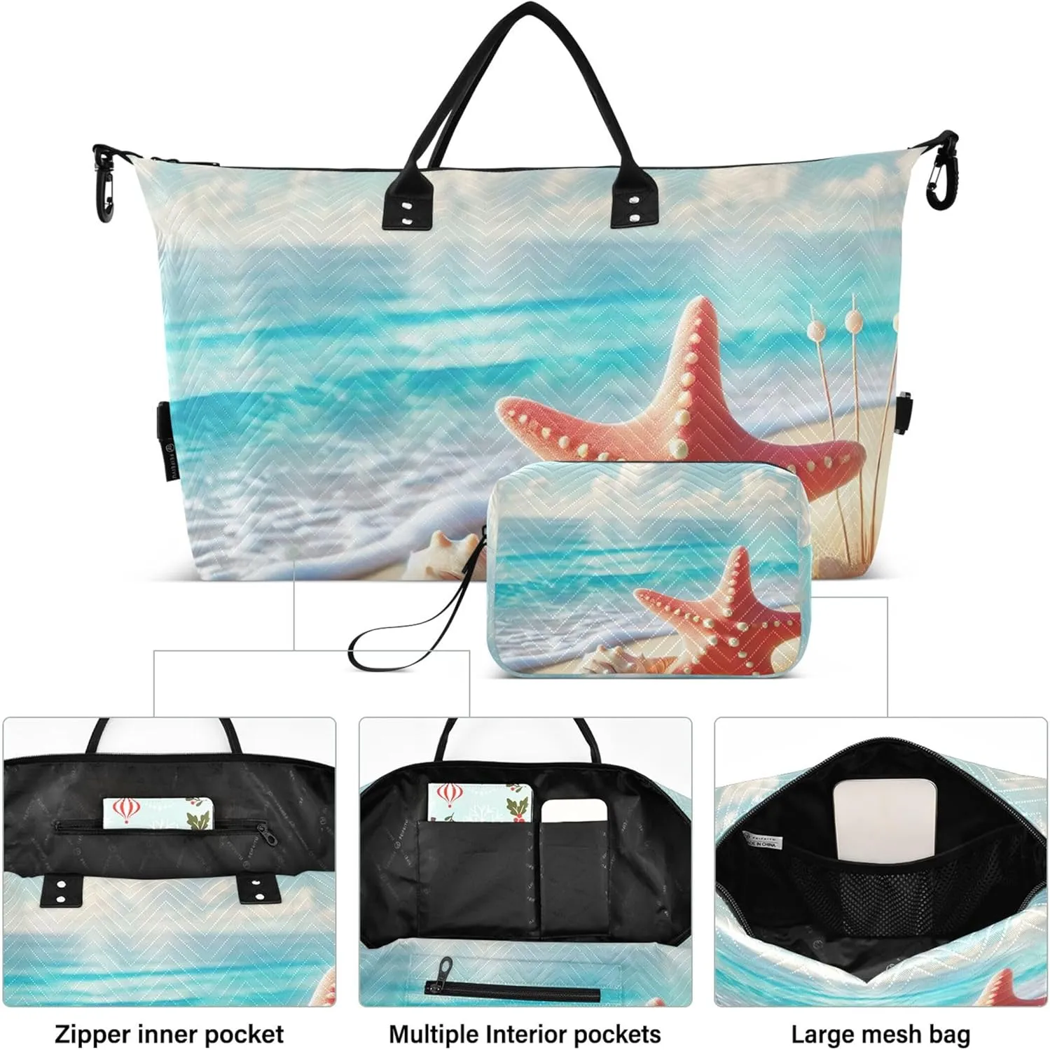 Coastal Starfish Seashell Travel Duffel Bag Toiletry Pouches Set of 2, Animal Print Luggage Bag Overnight Bags