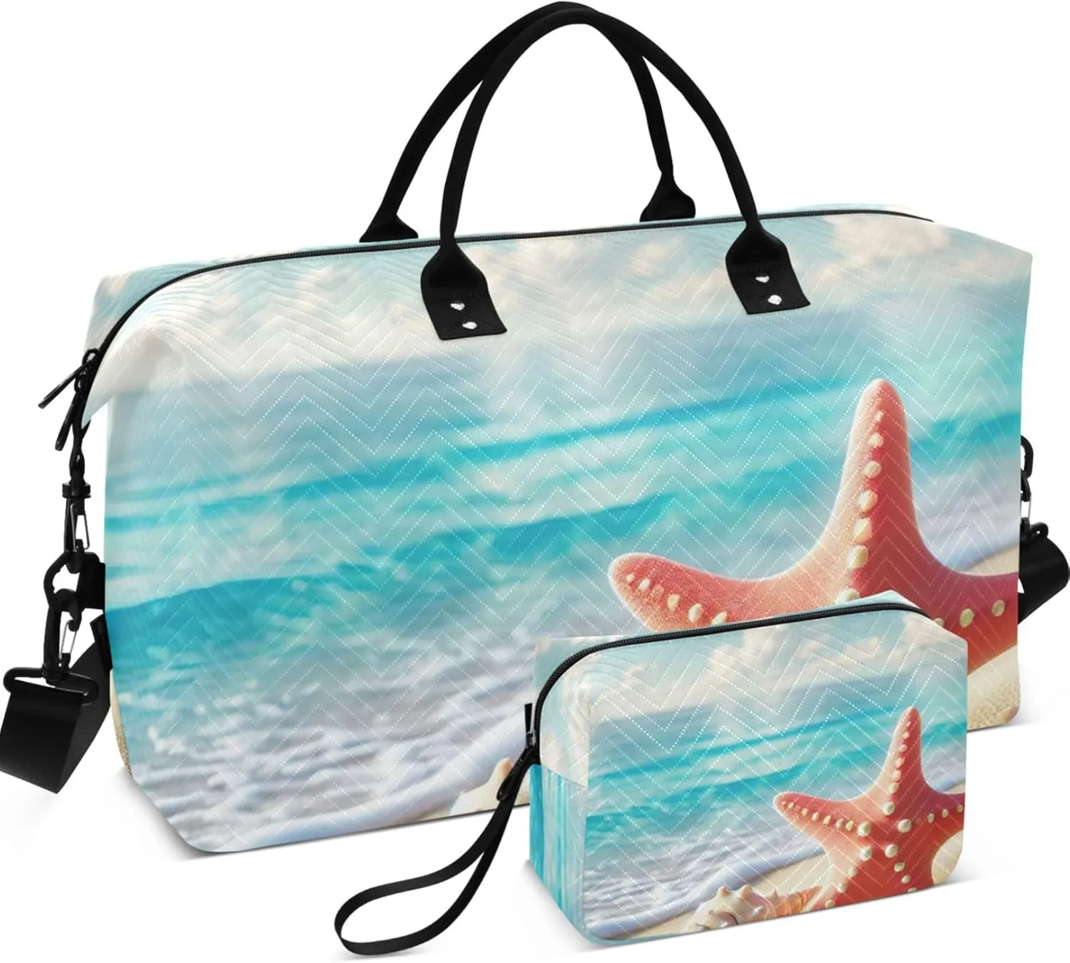 Coastal Starfish Seashell Travel Duffel Bag Toiletry Pouches Set of 2, Animal Print Luggage Bag Overnight Bags