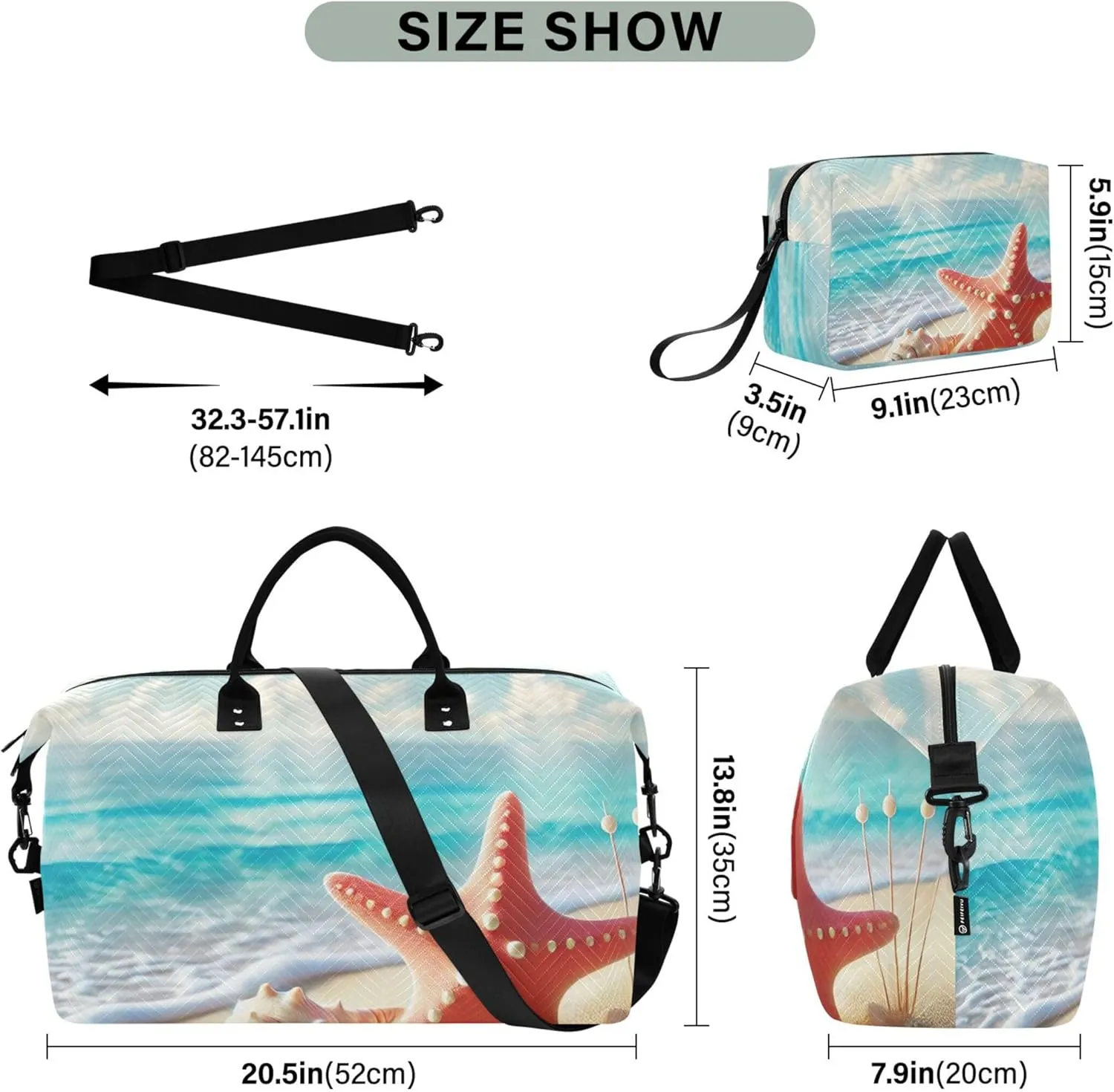 Coastal Starfish Seashell Travel Duffel Bag Toiletry Pouches Set of 2, Animal Print Luggage Bag Overnight Bags