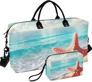 Coastal Starfish Seashell Travel Duffel Bag Toiletry Pouches Set of 2, Animal Print Luggage Bag Overnight Bags