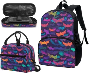 Colorful Galaxy Bat Middle School Bag Primary Junior High School Bag Paper Cuttings Art Kids Shoulder Lunch Bag and Pen Case Bag Set for Kids Boys Girls