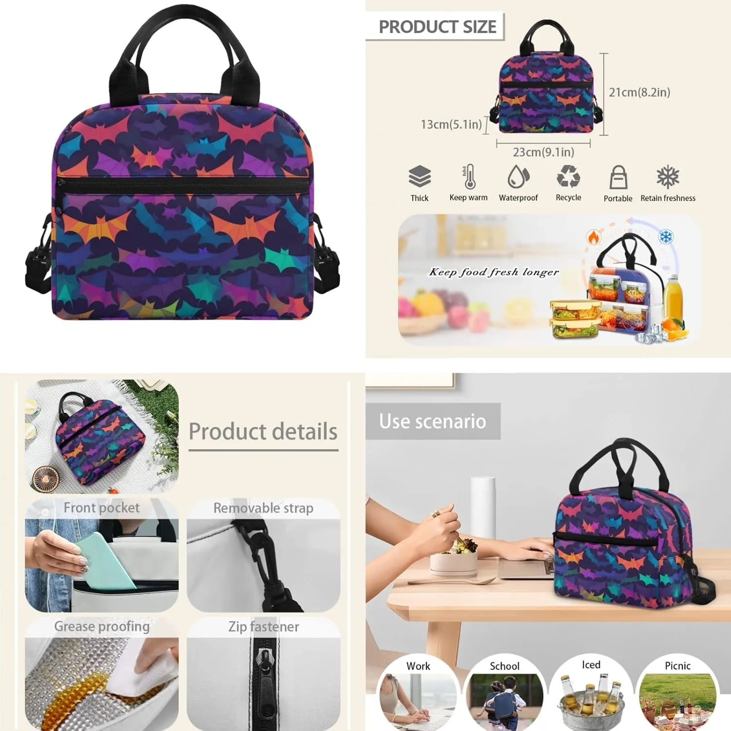 Colorful Galaxy Bat Middle School Bag Primary Junior High School Bag Paper Cuttings Art Kids Shoulder Lunch Bag and Pen Case Bag Set for Kids Boys Girls