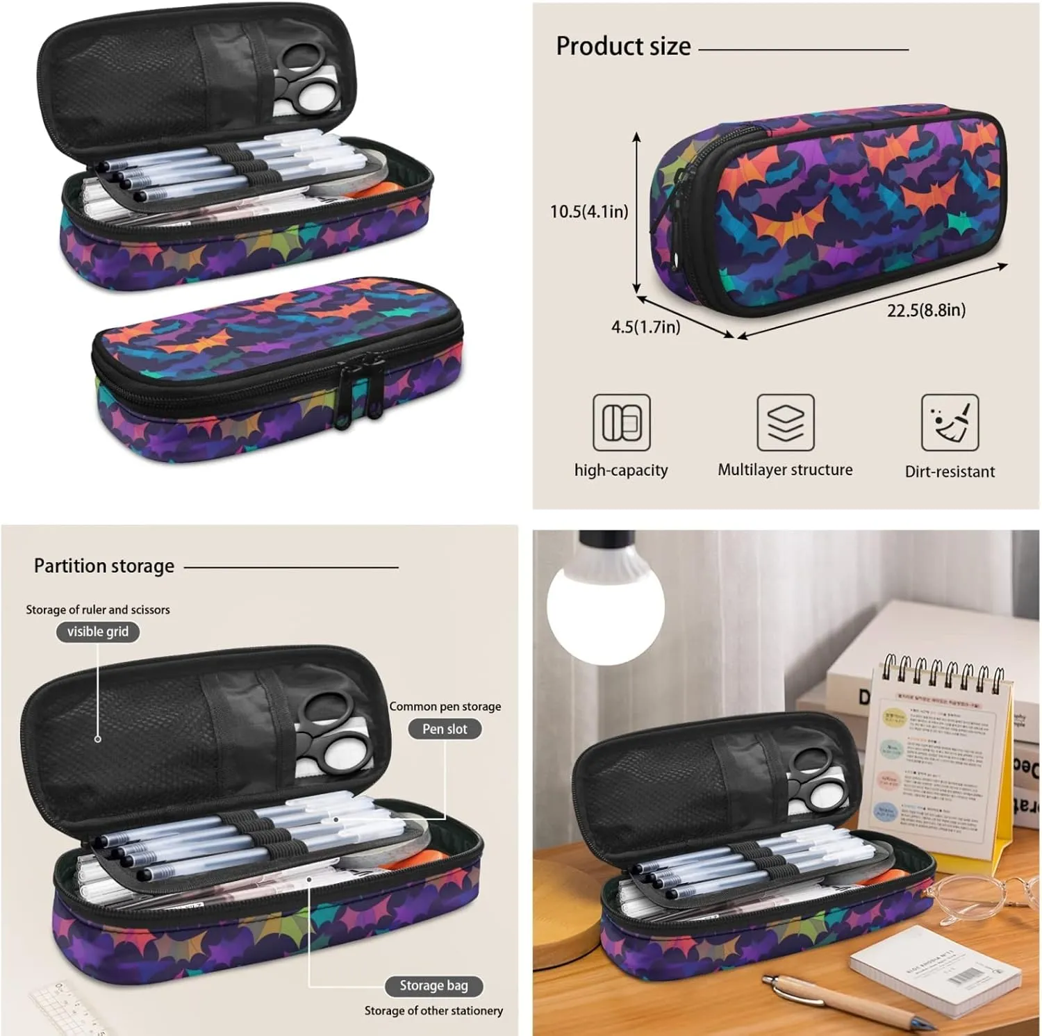 Colorful Galaxy Bat Middle School Bag Primary Junior High School Bag Paper Cuttings Art Kids Shoulder Lunch Bag and Pen Case Bag Set for Kids Boys Girls