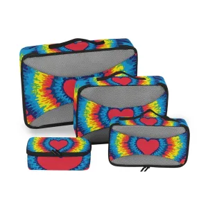 Colorful Heart, Love, Rainbow Tie Dye Background 4 Set Packing Cubes, Travel Packing Organizers, 600D Oxford Cloth Toiletry Storage Bag, Luggage Mesh Bags for Accessories
