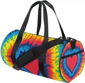 Colorful Heart, Love, Rainbow Tie Dye Background Duffel Bag, Foldable Canvas Travel Tote for Gym Sports with Inner Pockets, Durable Lightweight Fitness Bag for Overnight Workout