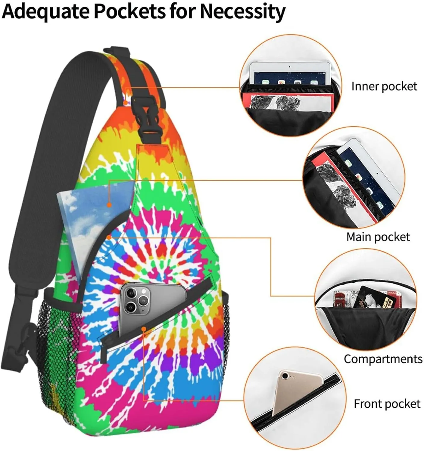 Colorful Rainbow Tie Dye Sling Backpack Chest Bag Crossbody Shoulder Bag Gym Cycling Travel Hiking Daypack For Men Women