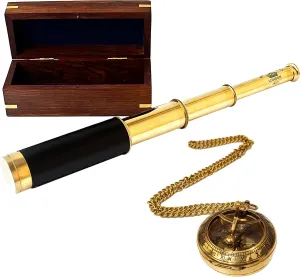 Combo Retro Pirate Brass Telescope with Shiny Brass Sundial Pocket Chain Compass Handheld Telescope Vintage Monocular Military Compass