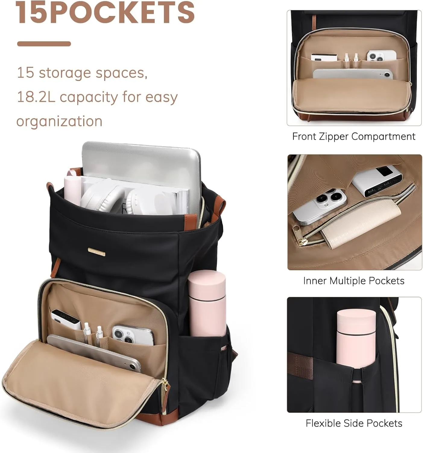 Convertible Daypack Laptop Backpack for Women Men Carry on Tote Backpack Bookbag for College Work Nurse Travel,16Inch,Black