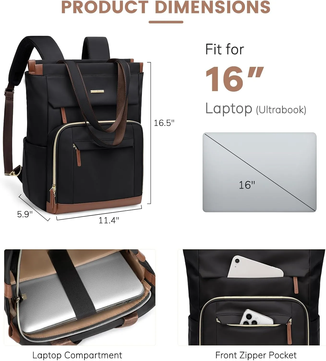 Convertible Daypack Laptop Backpack for Women Men Carry on Tote Backpack Bookbag for College Work Nurse Travel,16Inch,Black