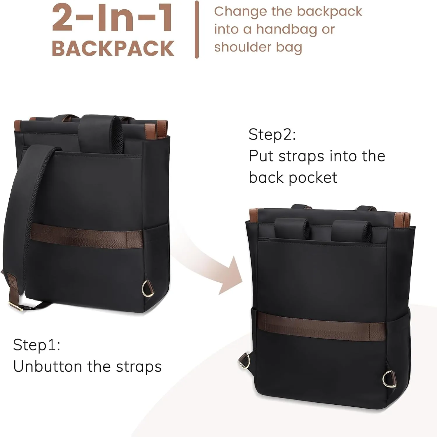 Convertible Daypack Laptop Backpack for Women Men Carry on Tote Backpack Bookbag for College Work Nurse Travel,16Inch,Black