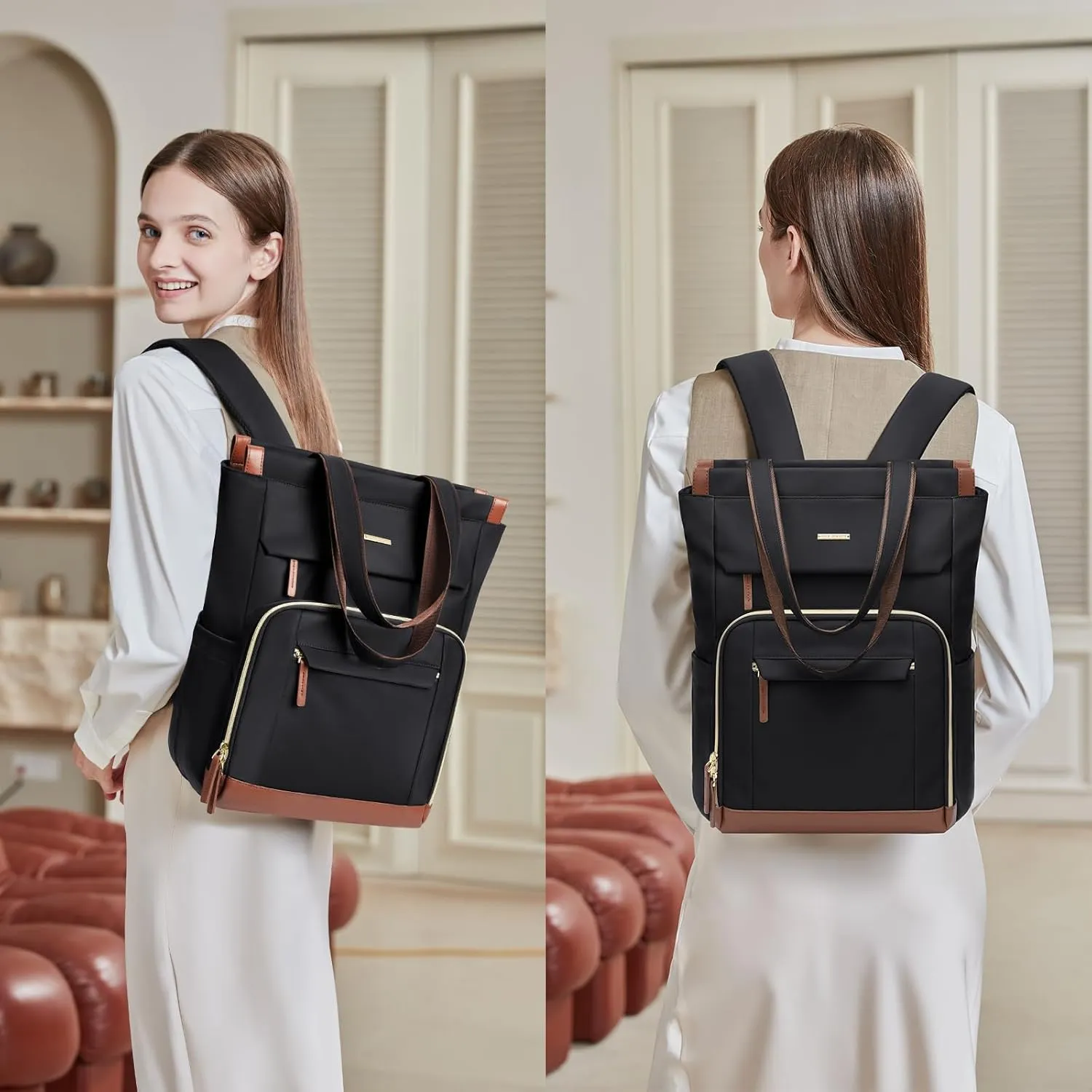 Convertible Daypack Laptop Backpack for Women Men Carry on Tote Backpack Bookbag for College Work Nurse Travel,16Inch,Black