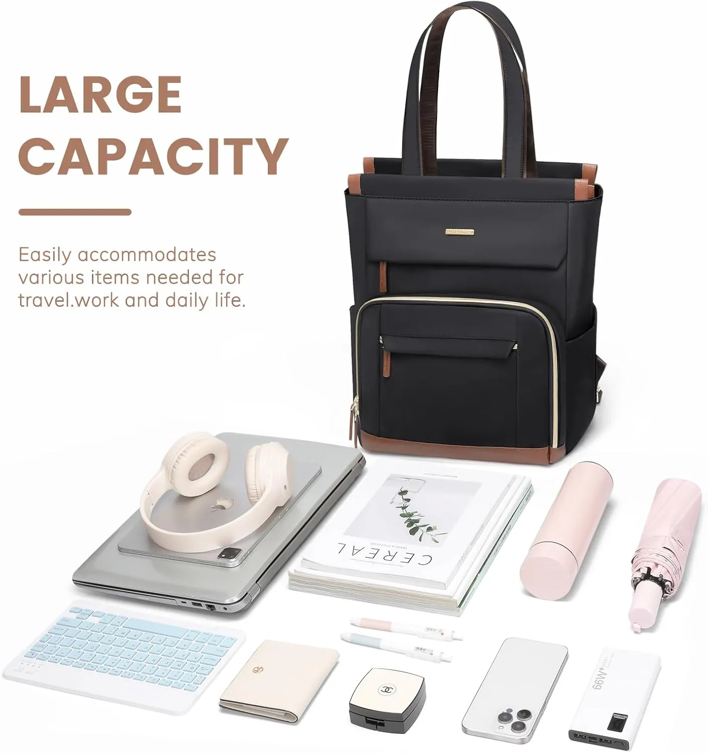 Convertible Daypack Laptop Backpack for Women Men Carry on Tote Backpack Bookbag for College Work Nurse Travel,16Inch,Black