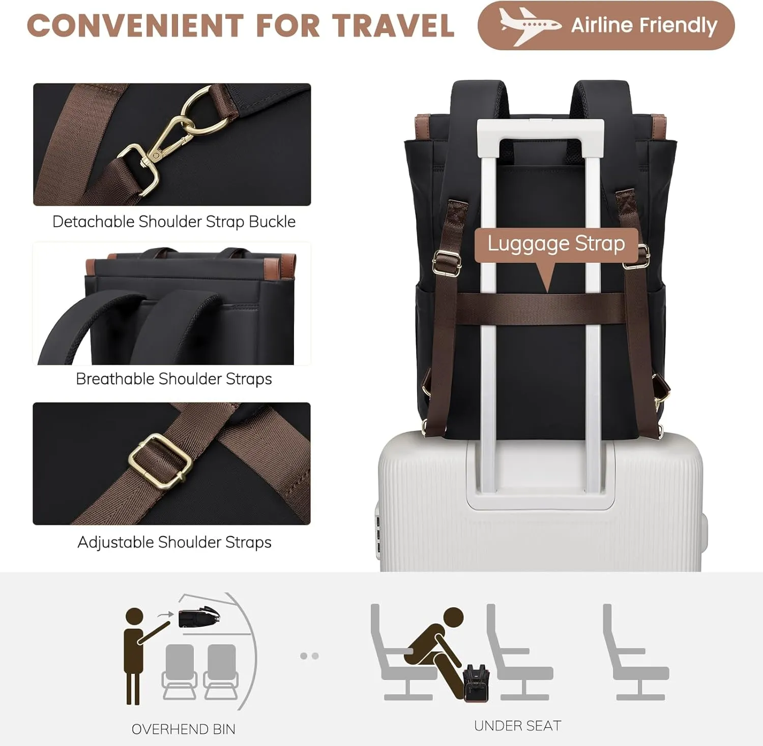 Convertible Daypack Laptop Backpack for Women Men Carry on Tote Backpack Bookbag for College Work Nurse Travel,16Inch,Black