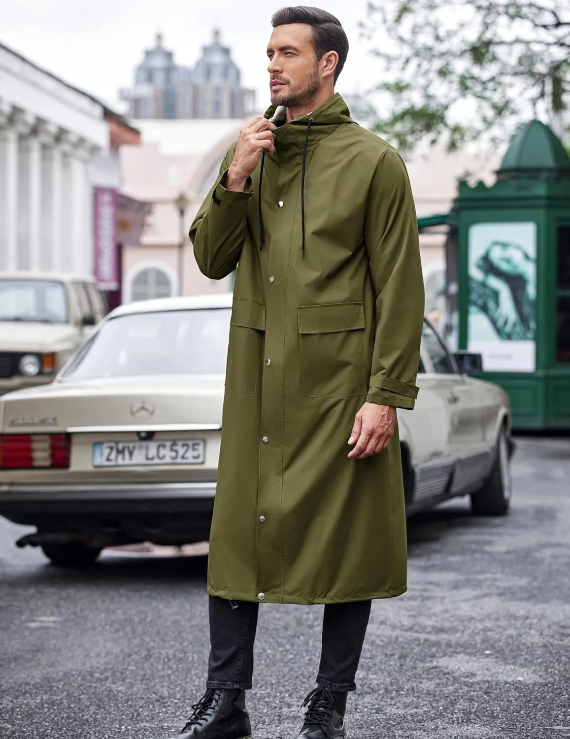 COOFANDY Men's Rain Jacket with Hood Waterproof Lightweight Active Long Raincoat
