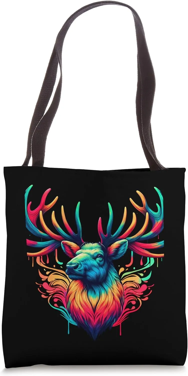 Cool Caribou Graphic Spirit Animal Illustration Tie Dye Art Tote Bag