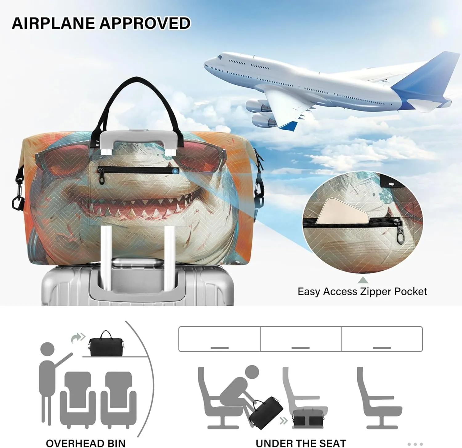 Cool Cartoon Shark Funny Duffle Bag Travel Toiletry Bags Set of 2, Design Womens Sports Dance Bag Carry on Bags for Airplanes