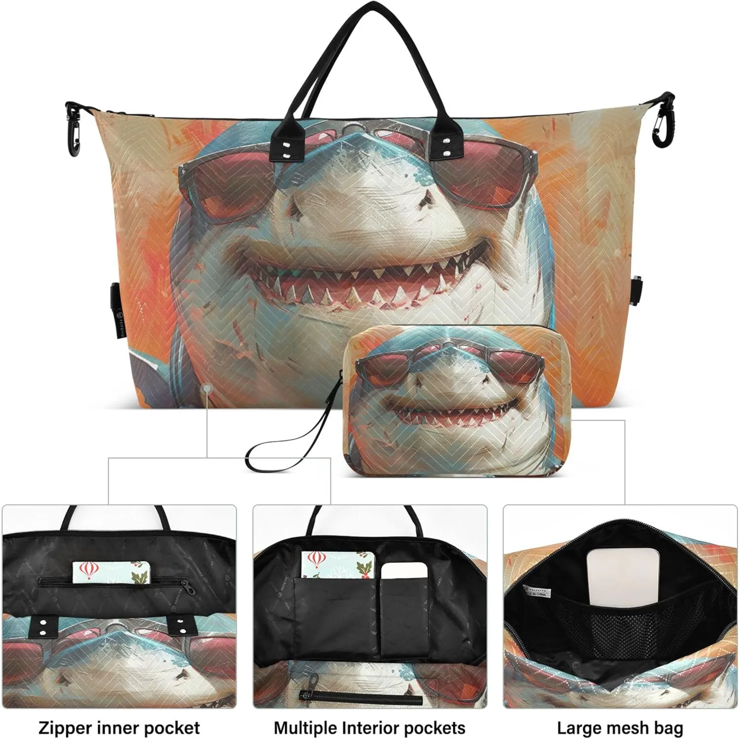 Cool Cartoon Shark Funny Duffle Bag Travel Toiletry Bags Set of 2, Design Womens Sports Dance Bag Carry on Bags for Airplanes