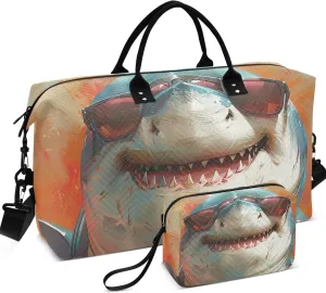 Cool Cartoon Shark Funny Duffle Bag Travel Toiletry Bags Set of 2, Design Womens Sports Dance Bag Carry on Bags for Airplanes