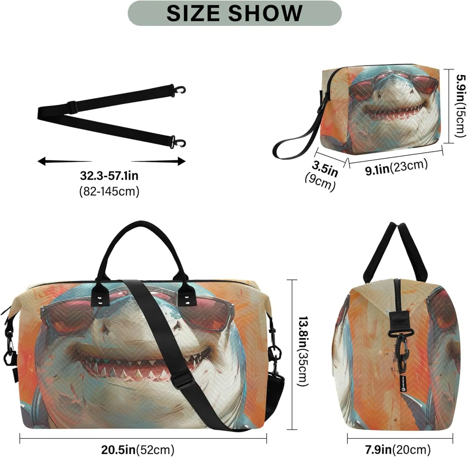 Cool Cartoon Shark Funny Duffle Bag Travel Toiletry Bags Set of 2, Design Womens Sports Dance Bag Carry on Bags for Airplanes