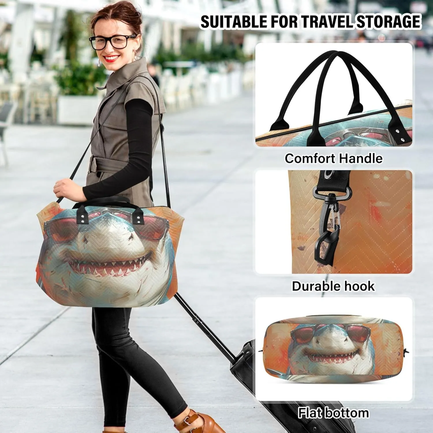 Cool Cartoon Shark Funny Duffle Bag Travel Toiletry Bags Set of 2, Design Womens Sports Dance Bag Carry on Bags for Airplanes