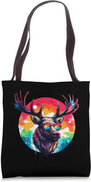 Cool Tie Dye Sunglasses Caribou Illustration Graphic Art Tote Bag