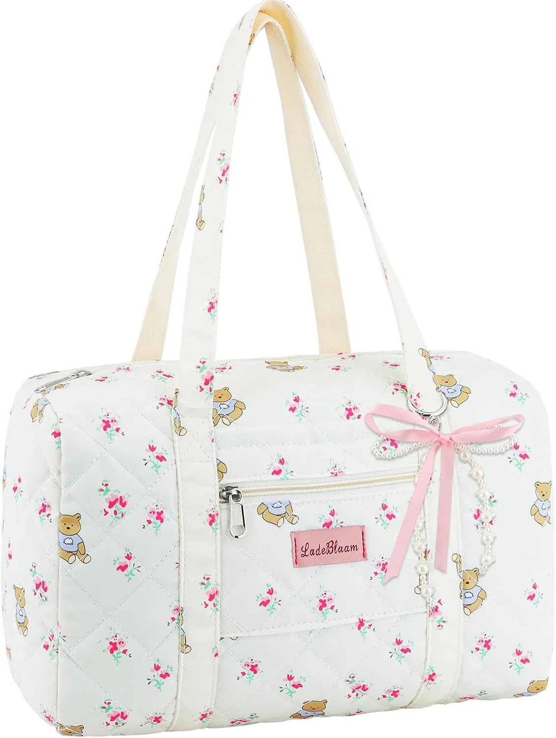 Coquette Bag with Ribbon Pearl Bow - Cute Bear Pattern Travel Bag,Floral Quilted Duffle Bag for Women Girls,Coquette Aesthetic Tote Bags,Pink and White Purse,Cartoon Weekend Bags for Travel Trip Work
