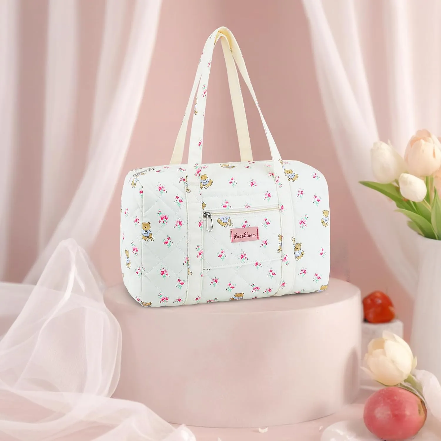 Coquette Bag with Ribbon Pearl Bow - Cute Bear Pattern Travel Bag,Floral Quilted Duffle Bag for Women Girls,Coquette Aesthetic Tote Bags,Pink and White Purse,Cartoon Weekend Bags for Travel Trip Work