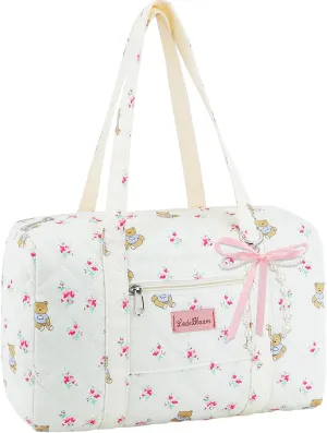 Coquette Bag with Ribbon Pearl Bow - Cute Bear Pattern Travel Bag,Floral Quilted Duffle Bag for Women Girls,Coquette Aesthetic Tote Bags,Pink and White Purse,Cartoon Weekend Bags for Travel Trip Work