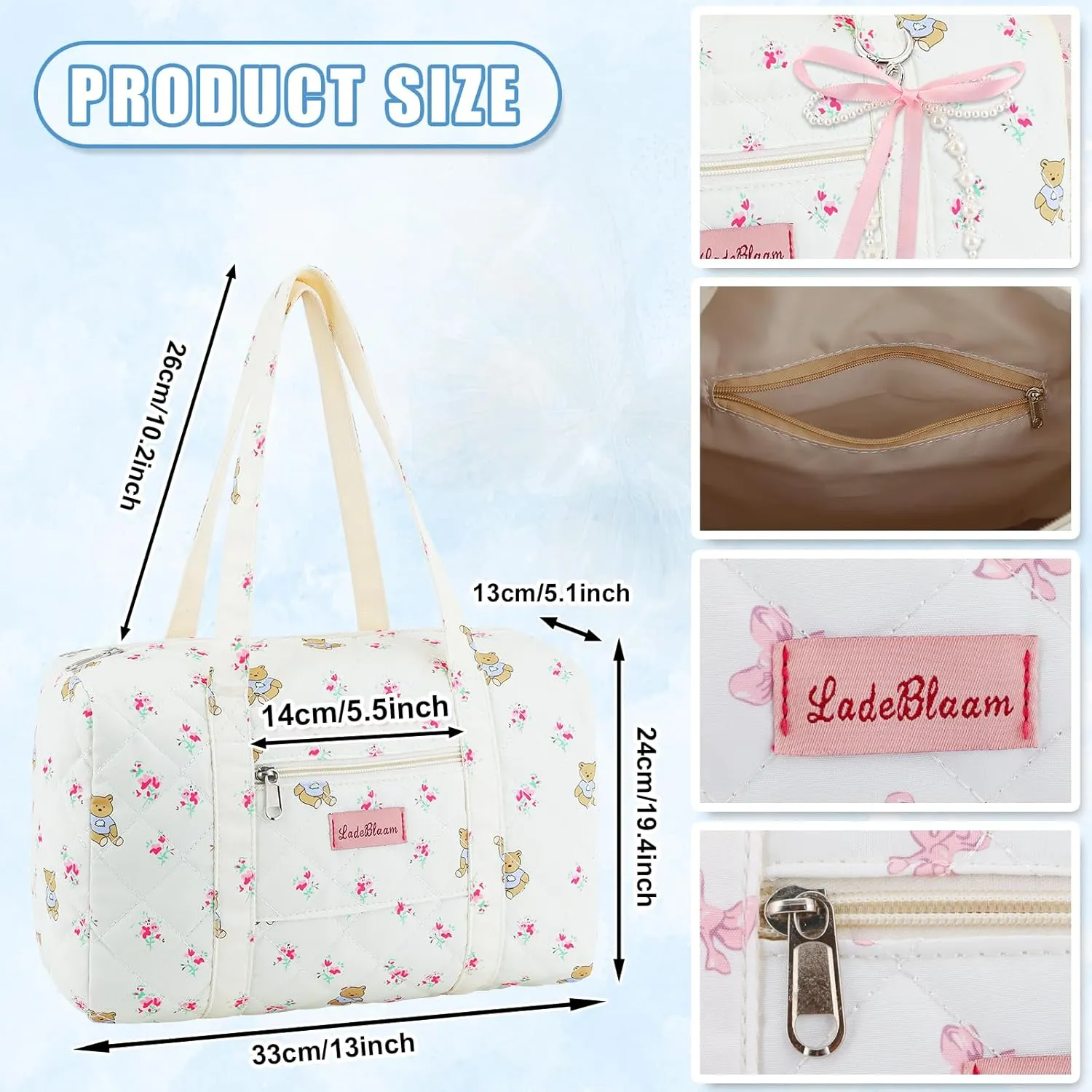 Coquette Bag with Ribbon Pearl Bow - Cute Bear Pattern Travel Bag,Floral Quilted Duffle Bag for Women Girls,Coquette Aesthetic Tote Bags,Pink and White Purse,Cartoon Weekend Bags for Travel Trip Work