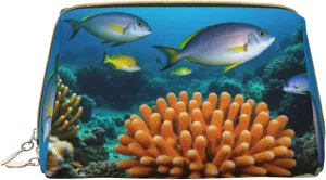 Coral Reef Creatures Print Cute Small Makeup Bag, Leather Cosmetic Bags for Purse Women Gifts Make Up Organizer Travelling