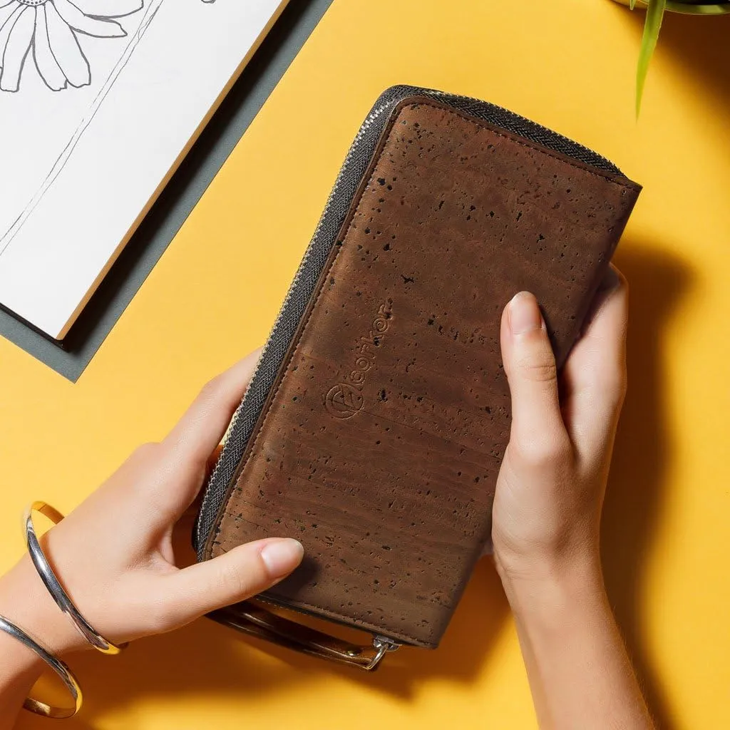 Cork RFID Long Wallet – Women’s Clutch - RFID Blocking - Vegan Leather – Cruelty Free – Eco Friendly - Brown