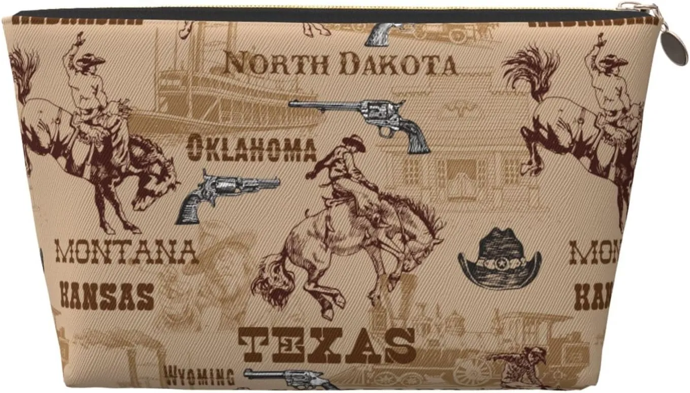 Cowboy Rodeo Texas America Vintage Small Makeup Bag For Purse,Leather Cosmetic Bags For Girls Women Zipper Travel Toiletry Pouch Makeup Bags